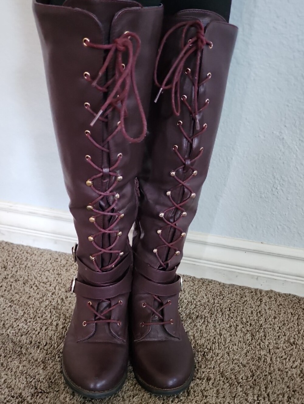 Shoe Dazzle Women's Tall Lace-Up Riding Boots in Burgundy - Picture 3 of 6